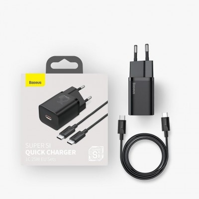 Зарядка Baseus Super Si Quick Charger 1C 25W EU Sets Black (With Mini White Cable Type-C to Type-C 3A 1m Black) (TZCCSUP-L01) Зарядка Baseus Super Si Quick Charger 1C 25W EU Sets Black (With Mini White Cable Type-C to Type-C 3A 1m Black) (TZCCSUP-L01)