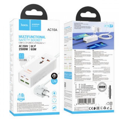 Сетевое зарядное устройство Hoco AC10A barry PD65W (2C2A with 1 socket) desktop charger (EU) - Белый Сетевое зарядное устройство Hoco AC10A barry PD65W (2C2A with 1 socket) desktop charger (EU) - Белый