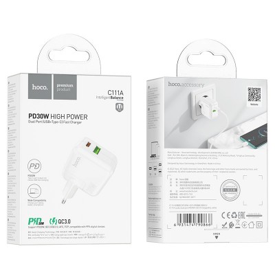 Зарядный конвертер HOCO C111A lucky dual port PD30W+QC3.0 charger (EU) - White Зарядный конвертер HOCO C111A lucky dual port PD30W+QC3.0 charger (EU) - White