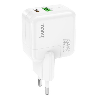 Зарядный конвертер HOCO C111A lucky dual port PD30W+QC3.0 charger (EU) - White Зарядный конвертер HOCO C111A lucky dual port PD30W+QC3.0 charger (EU) - White