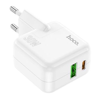 Зарядный конвертер HOCO C111A lucky dual port PD30W+QC3.0 charger (EU) - White Зарядный конвертер HOCO C111A lucky dual port PD30W+QC3.0 charger (EU) - White