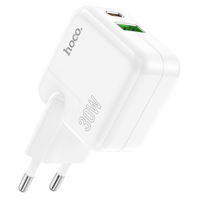 Зарядный конвертер HOCO C111A lucky dual port PD30W+QC3.0 charger (EU) - White Зарядный конвертер HOCO C111A lucky dual port PD30W+QC3.0 charger (EU) - White