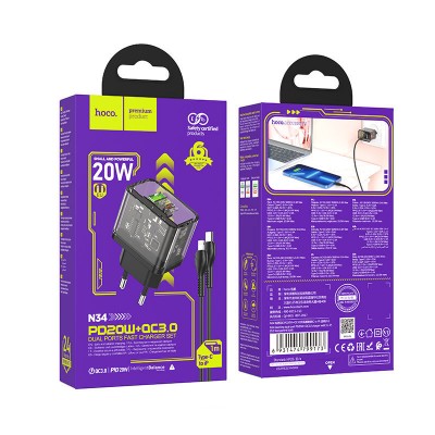 Сетевой адаптер с кабелем Hoco N34 Dazzling dual-port PD20W+QC3.0 charger set (T.C to IP) - Прозрачный черный Сетевой адаптер с кабелем Hoco N34 Dazzling dual-port PD20W+QC3.0 charger set (T.C to IP) - Прозрачный черный