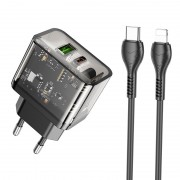 Сетевой адаптер с кабелем Hoco N34 Dazzling dual-port PD20W+QC3.0 charger set (T.C to IP) - Прозрачный черный