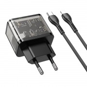 Сетевой адаптер с кабелем Hoco N34 Dazzling dual-port PD20W+QC3.0 charger set (T.C to IP) - Прозрачный черный