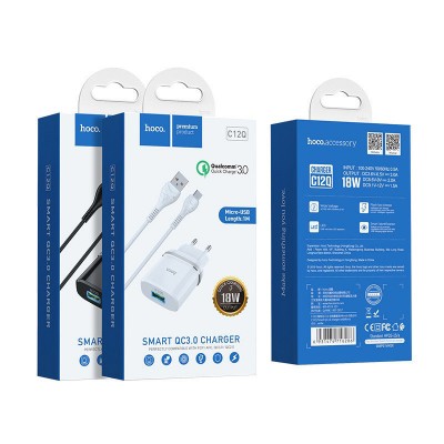 Зарядка hoco C12Q Smart QC3.0 charger set (Micro) (EU) - White Зарядка hoco C12Q Smart QC3.0 charger set (Micro) (EU) - White
