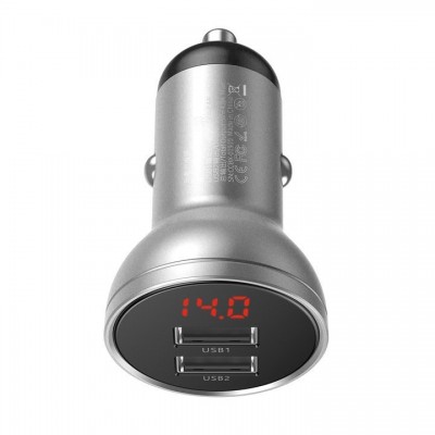 Автомобильное зарядное устройство Baseus Digital Display Dual USB 4.8A Car Charger 24W (CCBX-0S) - Silver Автомобильное зарядное устройство Baseus Digital Display Dual USB 4.8A Car Charger 24W (CCBX-0S) - Silver