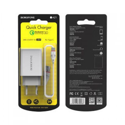Сетевой адаптер Borofone Wall charger BA21A Long journey QC3.0 EU set with cable Type-C Сетевой адаптер Borofone Wall charger BA21A Long journey QC3.0 EU set with cable Type-C