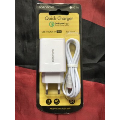 Сетевой адаптер Borofone Wall charger BA21A Long journey QC3.0 EU set with cable Type-C Сетевой адаптер Borofone Wall charger BA21A Long journey QC3.0 EU set with cable Type-C