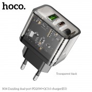 Сетевой адаптер Hoco N34 dazzling dual-port PD20W+QC3.0 charger (EU) Transparent - Black