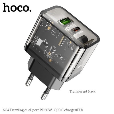 Сетевой адаптер Hoco N34 dazzling dual-port PD20W+QC3.0 charger (EU) Transparent - Black Сетевой адаптер Hoco N34 dazzling dual-port PD20W+QC3.0 charger (EU) Transparent - Black