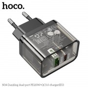 Сетевой адаптер Hoco N34 dazzling dual-port PD20W+QC3.0 charger (EU) Transparent - Black