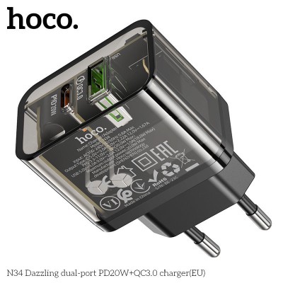 Сетевой адаптер Hoco N34 dazzling dual-port PD20W+QC3.0 charger (EU) Transparent - Black Сетевой адаптер Hoco N34 dazzling dual-port PD20W+QC3.0 charger (EU) Transparent - Black