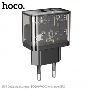 Сетевой адаптер Hoco N34 dazzling dual-port PD20W+QC3.0 charger (EU) Transparent - Black