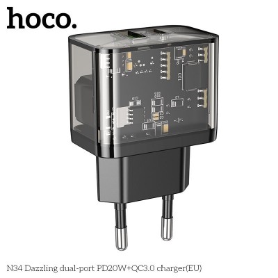 Сетевой адаптер Hoco N34 dazzling dual-port PD20W+QC3.0 charger (EU) Transparent - Black Сетевой адаптер Hoco N34 dazzling dual-port PD20W+QC3.0 charger (EU) Transparent - Black