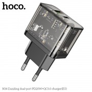 Сетевой адаптер Hoco N34 dazzling dual-port PD20W+QC3.0 charger (EU) Transparent - Black