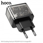 Сетевой адаптер Hoco N34 dazzling dual-port PD20W+QC3.0 charger (EU) Transparent - Black