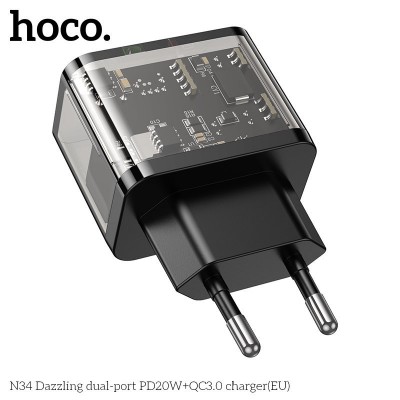 Сетевой адаптер Hoco N34 dazzling dual-port PD20W+QC3.0 charger (EU) Transparent - Black Сетевой адаптер Hoco N34 dazzling dual-port PD20W+QC3.0 charger (EU) Transparent - Black