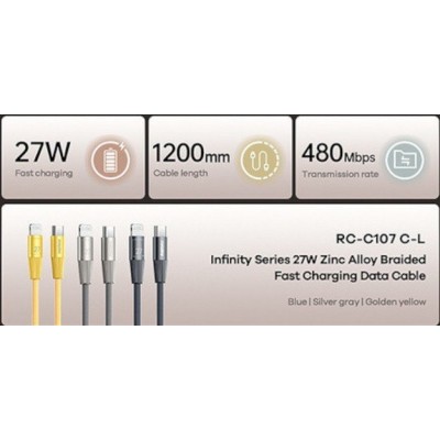 Кабель Remax Infinity series 27W Zinc Alloy Braided Fast Charging Data Cable RC-C107 C-L - Blue Кабель Remax Infinity series 27W Zinc Alloy Braided Fast Charging Data Cable RC-C107 C-L - Blue