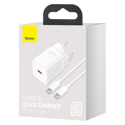 Зарядка Baseus Super Si Quick Charger 1C 25W EU Sets White (With Mini White Cable Type-C to Type-C 3A 1m White) (TZCCSUP-L02) Зарядка Baseus Super Si Quick Charger 1C 25W EU Sets White (With Mini White Cable Type-C to Type-C 3A 1m White) (TZCCSUP-L02)