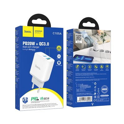 Зарядный конвертер Hoco C105A Stage dual port PD20W+QC3.0 Charger (EU) - White Зарядный конвертер Hoco C105A Stage dual port PD20W+QC3.0 Charger (EU) - White