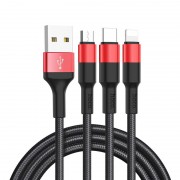 Кабель hoco X26 Xpress Lightning+Micro-USB+Type-C - Черно/Красный