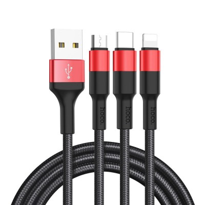 Кабель hoco X26 Xpress Lightning+Micro-USB+Type-C - Черно/Красный Кабель hoco X26 Xpress Lightning+Micro-USB+Type-C - Черно/Красный