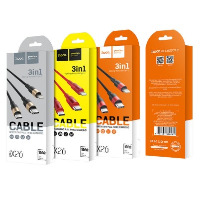 Кабель hoco X26 Xpress Lightning+Micro-USB+Type-C - Черно/Красный Кабель hoco X26 Xpress Lightning+Micro-USB+Type-C - Черно/Красный