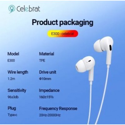 Наушники Celebrat E300 One Key Line Control Wired Earphones Type-c - White Наушники Celebrat E300 One Key Line Control Wired Earphones Type-c - White