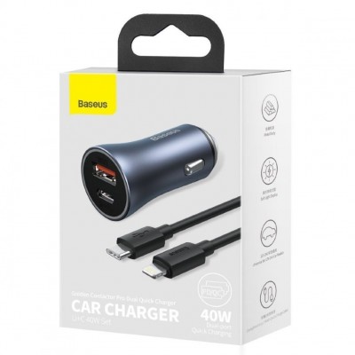 Автомобильное зарядное устройство Baseus Golden Contactor Pro Dual Quick Charger Car Charger U+C 40W (With Baseus Simple Wisdom Data Cable Type-C to iP 1m Black) (TZCCJD-B0G) - Dark Gray Автомобильное зарядное устройство Baseus Golden Contactor Pro Dual Quick Charger Car Charger U+C 40W (With Baseus Simple Wisdom Data Cable Type-C to iP 1m Black) (TZCCJD-B0G) - Dark Gray