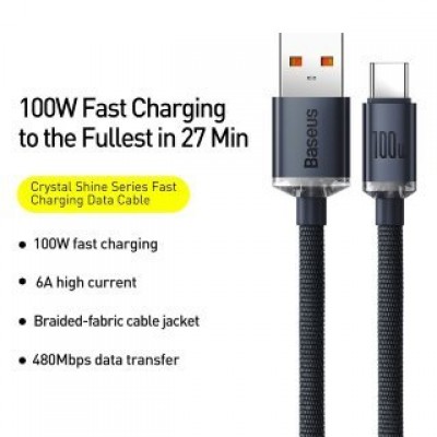 Кабель CW-FXP Baseus Crystal Shine Series Fast Charging Data Cable USB to Type-C 100W 2m - Black (CAJY000501) Кабель CW-FXP Baseus Crystal Shine Series Fast Charging Data Cable USB to Type-C 100W 2m - Black (CAJY000501)