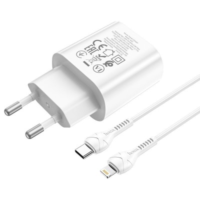 Зарядка hoco N22 Jetta PD25W charger set (Type-C to iP) (EU) - White Зарядка hoco N22 Jetta PD25W charger set (Type-C to iP) (EU) - White