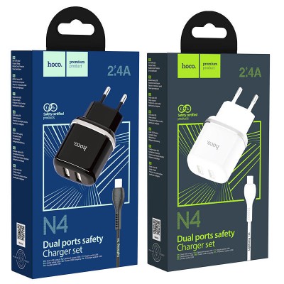 Сетевой адаптер hoco N4 Aspiring dual port charger set (for Lightning) (EU) - Black Сетевой адаптер hoco N4 Aspiring dual port charger set (for Lightning) (EU) - Black