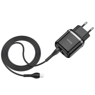 Сетевой адаптер hoco N4 Aspiring dual port charger set (for Lightning) (EU) - Black Сетевой адаптер hoco N4 Aspiring dual port charger set (for Lightning) (EU) - Black