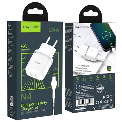 Сетевой адаптер hoco N4 Aspiring dual port charger set (for Type-C) (EU) - White Сетевой адаптер hoco N4 Aspiring dual port charger set (for Type-C) (EU) - White