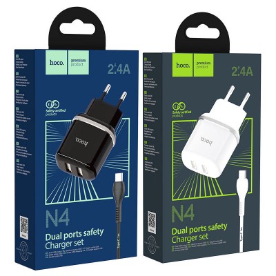 Сетевой адаптер hoco N4 Aspiring dual port charger set (for Type-C) (EU) - White Сетевой адаптер hoco N4 Aspiring dual port charger set (for Type-C) (EU) - White