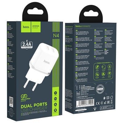 Сетевой адаптер hoco N4 Aspiring dual port charger (EU) - White Сетевой адаптер hoco N4 Aspiring dual port charger (EU) - White