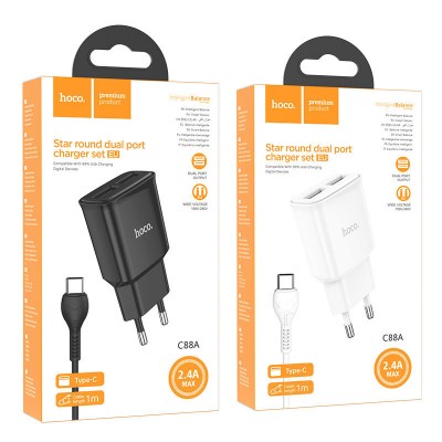 Зарядка hoco C88A Star round dual port charger set (Type-C) (EU) - Черный Зарядка hoco C88A Star round dual port charger set (Type-C) (EU) - Черный